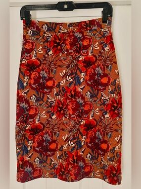 Anthropologie Maeve Red Orange Floral Knit Jacquard Pencil Skirt With Back Zip